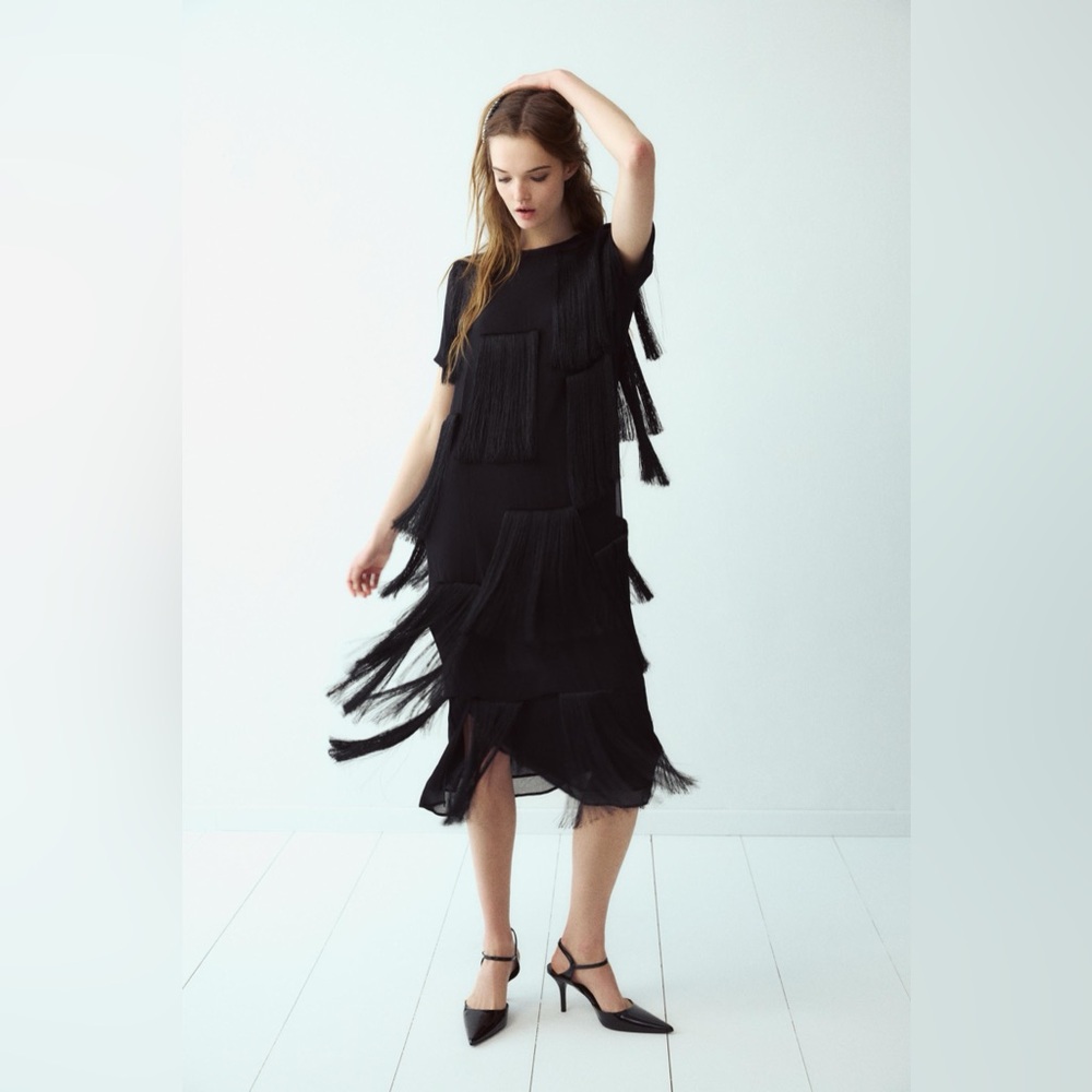 NWOT Zara ZW Collection Black Fringed Midi Dress Sheer Overlay Tassel Sz S 2025